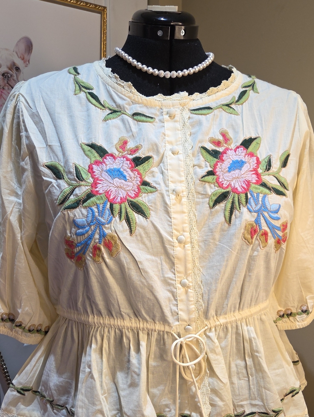 Nwt XL,L,M Jennifer&Grace Embroidered Cream/yellow  Peplum Tie-Waist Blouse - Picture 17 of 17
